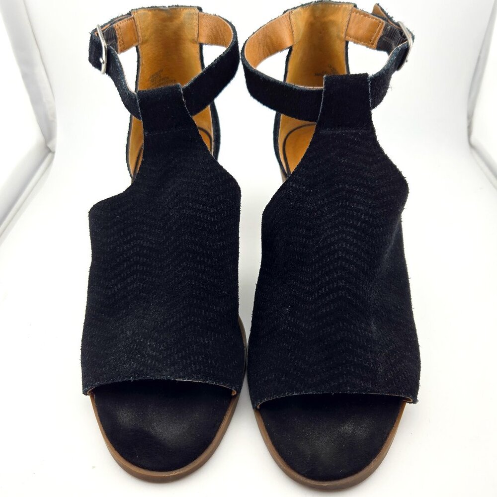 Lucky Brand Baxley Black Suede Bootie Sandals | Size 7M Peep Toe Ankle Strap